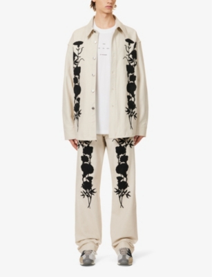 Shop Song For The Mute Men's Off White Floral-embroidered Relaxed-fit Cotton-twill Trousers