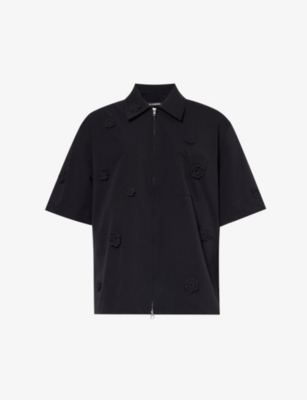 Shop Song For The Mute Men's Black Spread-collar Floral-embellished Boxy-fit Woven Shirt