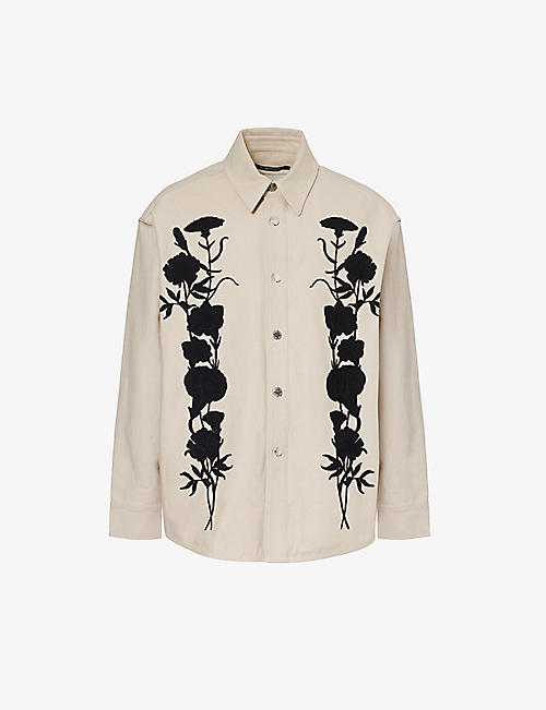 SONG FOR THE MUTE: Floral-embroidered relaxed-fit cotton-twill shirt
