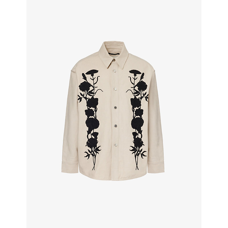 Song For The Mute Mens Off White Floral-embroidered Relaxed-fit Cotton-twill Shirt