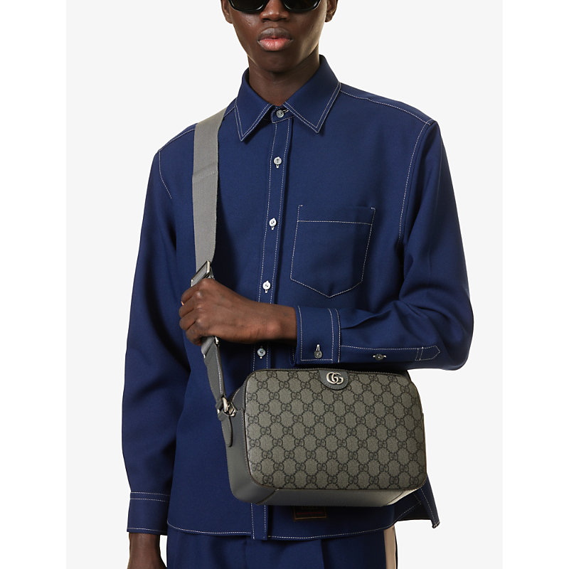 Shop Gucci Grey Blk/gr/gre/gr Monogram-pattern Coated Canvas Cross-body Bag