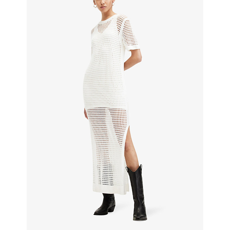 Shop Allsaints Womens Chalk White Paloma Open-knit Woven T-shirt Dress