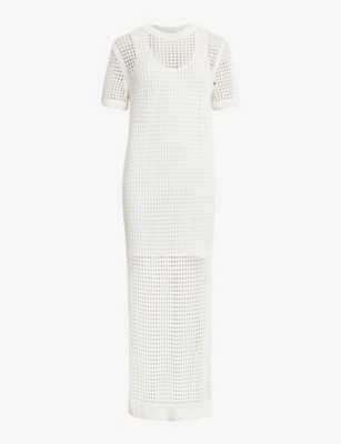 Shop Allsaints Paloma Open-knit Woven T-shirt Dress In Chalk White