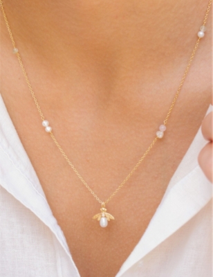 LA MAISON COUTURE: With Love Darling Bee the Change 14ct gold-plated sterling-silver, aqua-marine, pearl, quartz, and zircon necklace