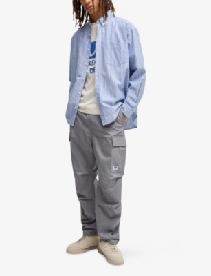 Hugo Boss Mens Open Grey Logo-appliqué Relaxed-fit Cotton Cargo Trousers Xl In Open Grey