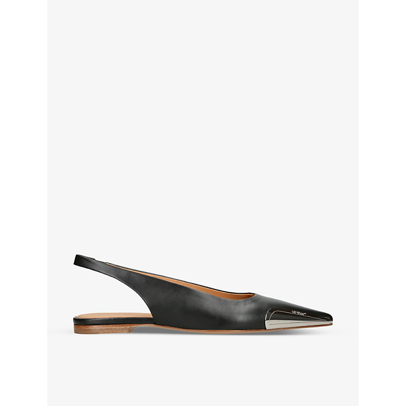 Off-white Logo-plaque Point-toe Slingback Leather Flats In Black