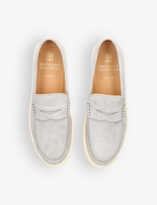 Shop Brunello Cucinelli Men's Grey/light Hybrid Penny-detail Suede Loafers
