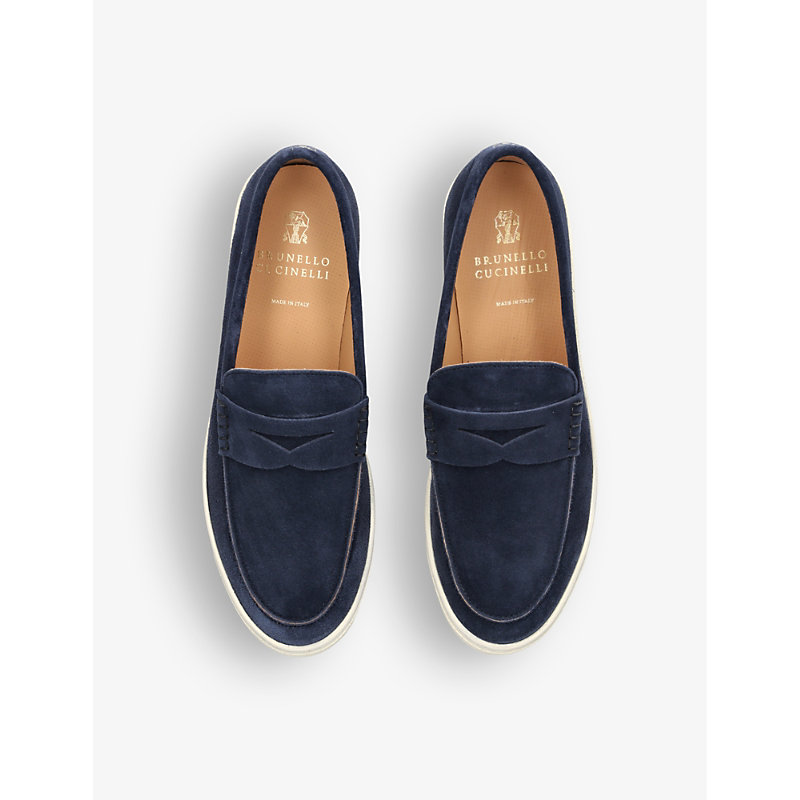 Shop Brunello Cucinelli Mens Navy Hybrid Penny-detail Suede Loafers