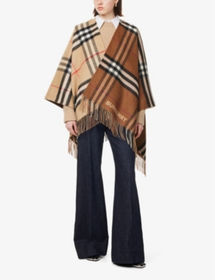 BURBERRY: Giant Check fringed-trim cashmere-blend cape