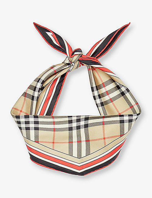 BURBERRY: Check-pattern logo-tab silk scarf