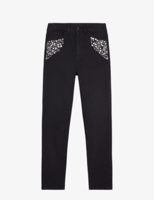 The Kooples Womens Black Washed High-rise Crystal-embellished Stretch-denim Jeans