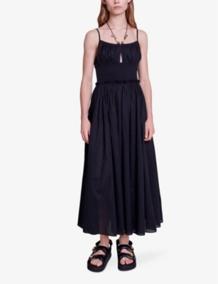 Shop Maje Women's Noir / Gris Shirred-bodice Bead-embellished Cotton Midi Dress
