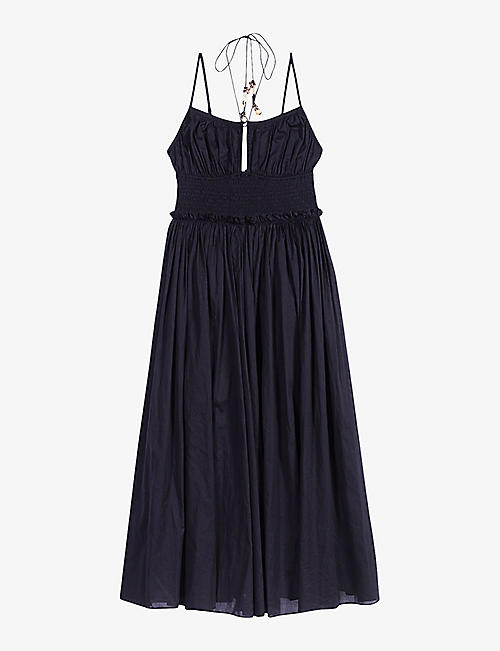 MAJE: Shirred-bodice bead-embellished cotton midi dress