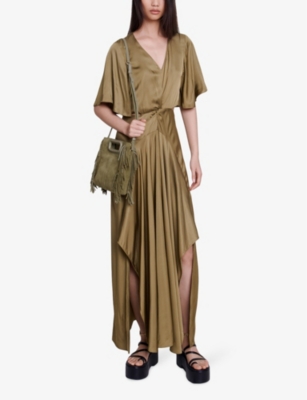 Shop Maje Womens Bruns Cut-out Asymmetric-hem Satin Midi Dress