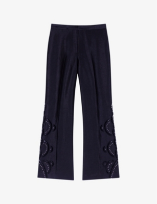 Shop Maje Women's Noir / Gris Open-work Flared-leg Linen Trousers
