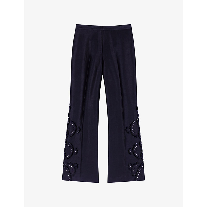 Shop Maje Women's Noir / Gris Open-work Flared-leg Linen Trousers