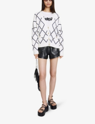 Maje Moove Diamond-pattern Logo-embellished Knitted Cardigan In Blanc
