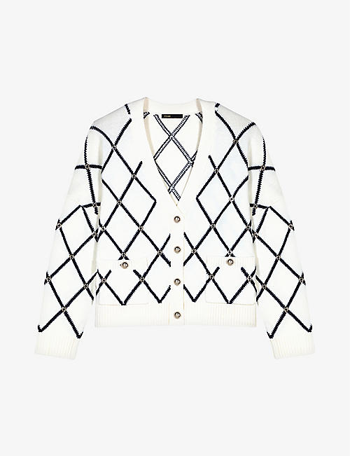 : Diamond-pattern V-neck knitted cardigan