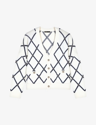Shop Maje Women's Blanc Diamond-pattern V-neck Knitted Cardigan