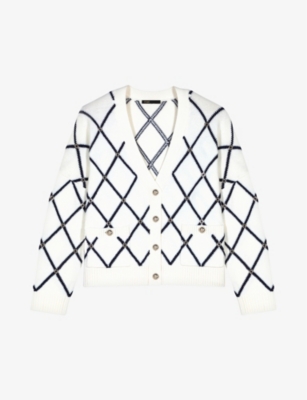 Maje Moove Diamond-pattern Logo-embellished Knitted Cardigan In Blanc