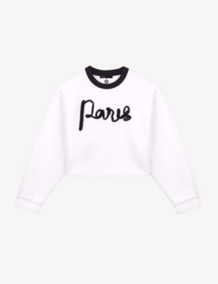 Shop Maje Womens Blanc Paris Text-embroidered Cotton Sweatshirt