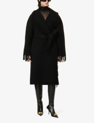 Shop Balenciaga Womens Black Fringe Belt-loop Relaxed-fit Wool Coat