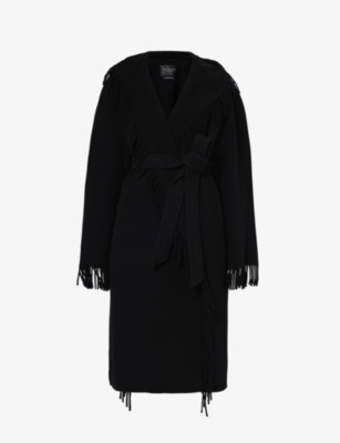 Balenciaga Womens Black Fringe Belt-loop Relaxed-fit Wool Coat