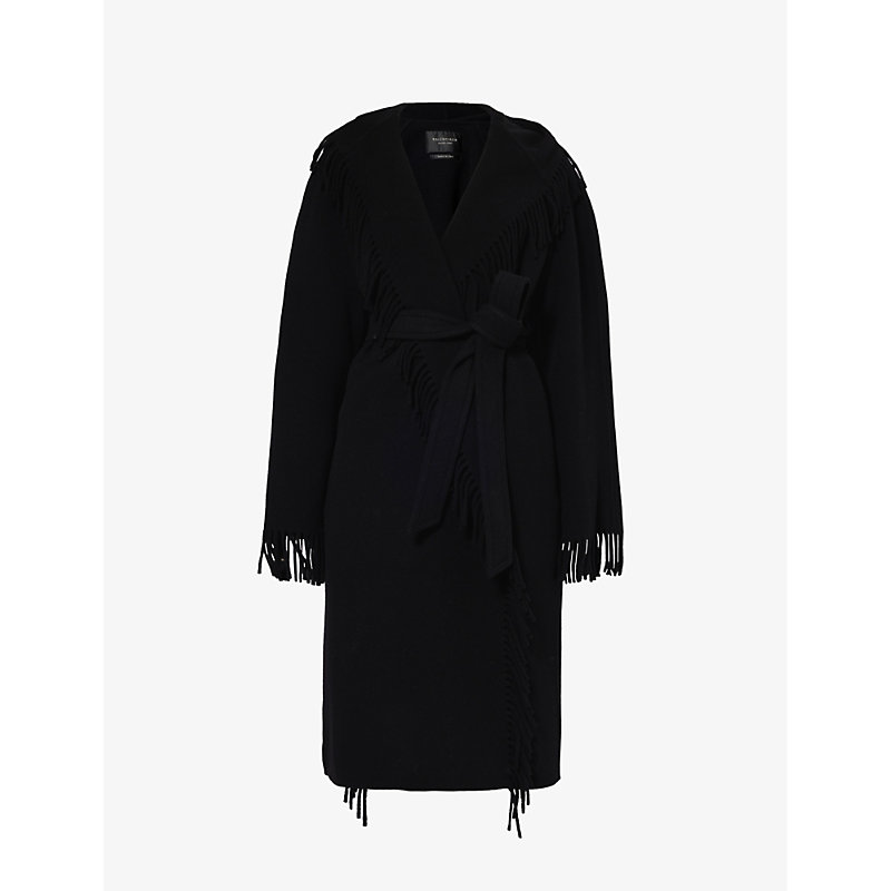 Balenciaga Womens Black Fringe Belt-loop Relaxed-fit Wool Coat