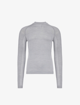 Falke Ergonomic Sport System Mens Grey Heather Round-neck Brand-print Stretch-wool Blend T-shirt