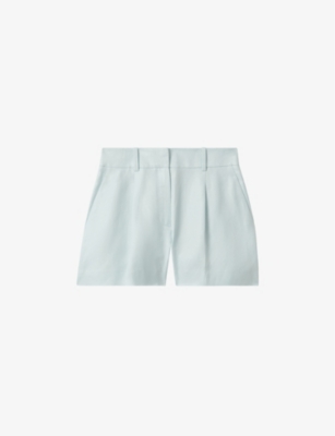 Shop Reiss Women's Blue Lori Front-pleat High-rise Linen-blend Shorts
