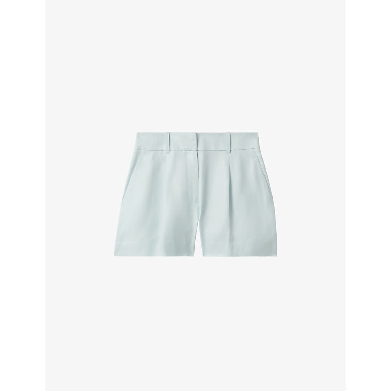 Shop Reiss Women's Blue Lori Front-pleat High-rise Linen-blend Shorts