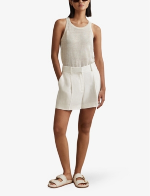 Shop Reiss Women's White Lori Front-pleat High-rise Linen-blend Shorts