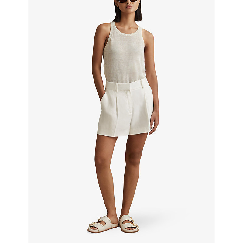 Shop Reiss Women's White Lori Front-pleat High-rise Linen-blend Shorts