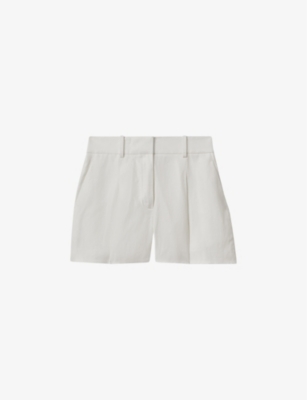 Reiss Womens White Lori Front-pleat High-rise Linen-blend Shorts