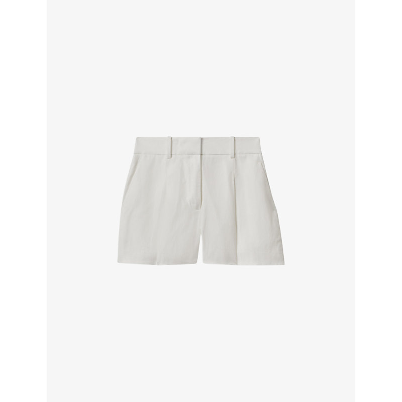 Reiss Womens White Lori Front-pleat High-rise Linen-blend Shorts