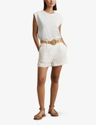 Shop Reiss Women's White Belle Raffia-belt High-rise Linen Shorts