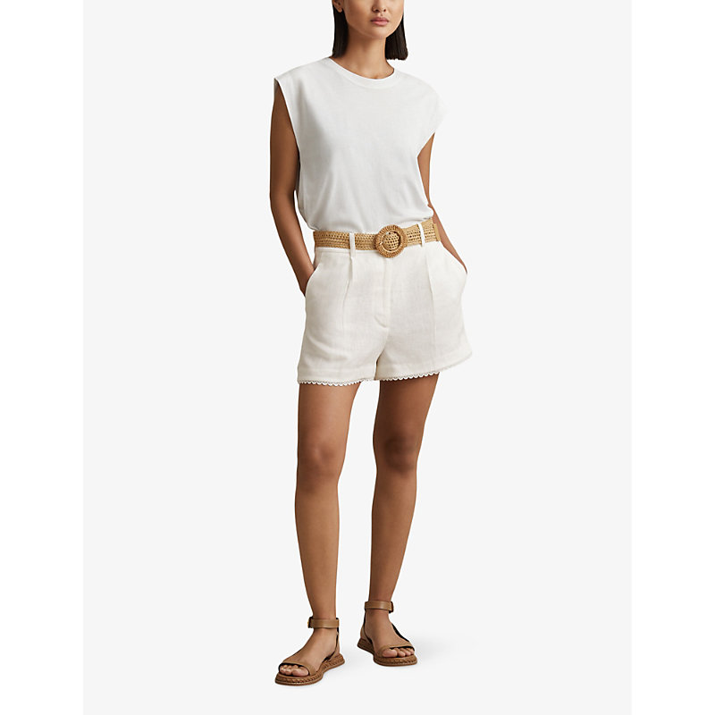 Shop Reiss Women's White Belle Raffia-belt High-rise Linen Shorts