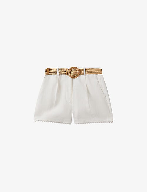 REISS: Belle raffia-belt high-rise linen shorts