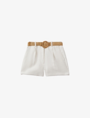 Reiss Womens White Belle Raffia-belt High-rise Linen Shorts