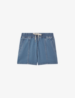 Shop Reiss Women's Mid Blue Isaac Drawstring-waist High-rise Denim Shorts