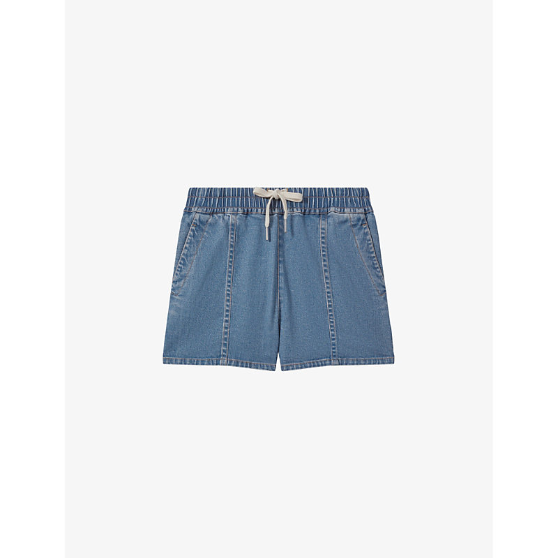 Shop Reiss Isaac Drawstring-waist High-rise Denim Shorts In Mid Blue