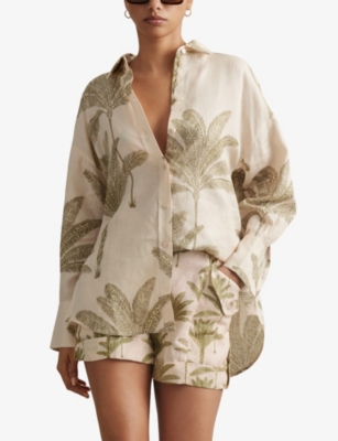 Shop Reiss Women's Neutral Cali Palm-print Belted-waist Linen Shorts