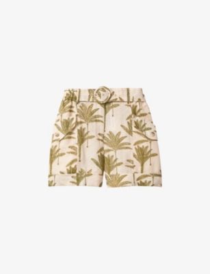 Reiss Womens Neutral Cali Palm-print Belted-waist Linen Shorts