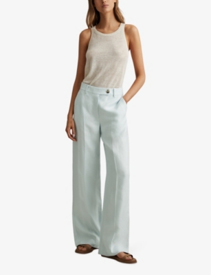 Shop Reiss Women's Blue Lori Wide-leg High-rise Woven-blend Trousers