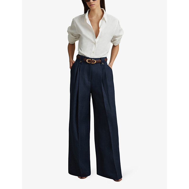 Shop Reiss Women's Navy Leila Wide-leg High-rise Linen Trousers