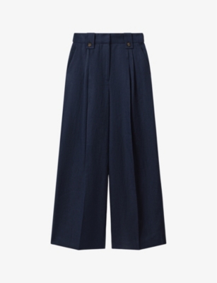 Shop Reiss Women's Navy Leila Wide-leg High-rise Linen Trousers