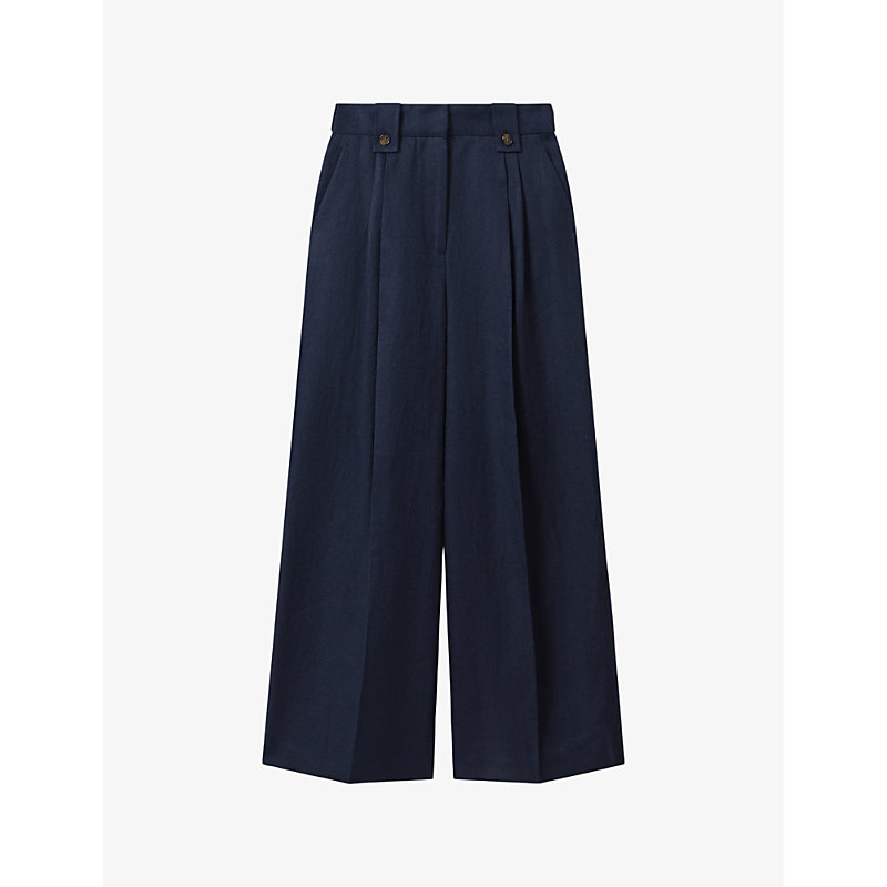 Shop Reiss Womens Navy Leila Wide-leg High-rise Linen Trousers