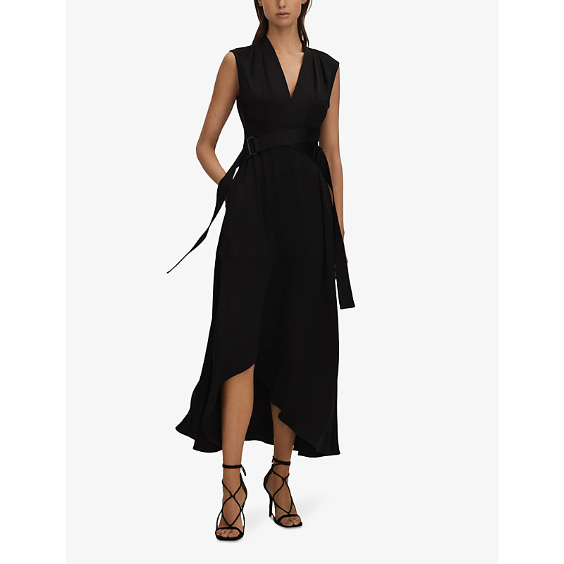 Shop Reiss Womens Black Raya Cross-belt Woven Midi Dress