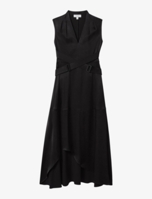 Reiss Black Strappy Asymmetric Midi Dress In Black