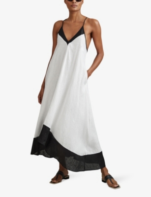Shop Reiss Stevie Colour-block Cross-back Linen Maxi Dress In Navy/white